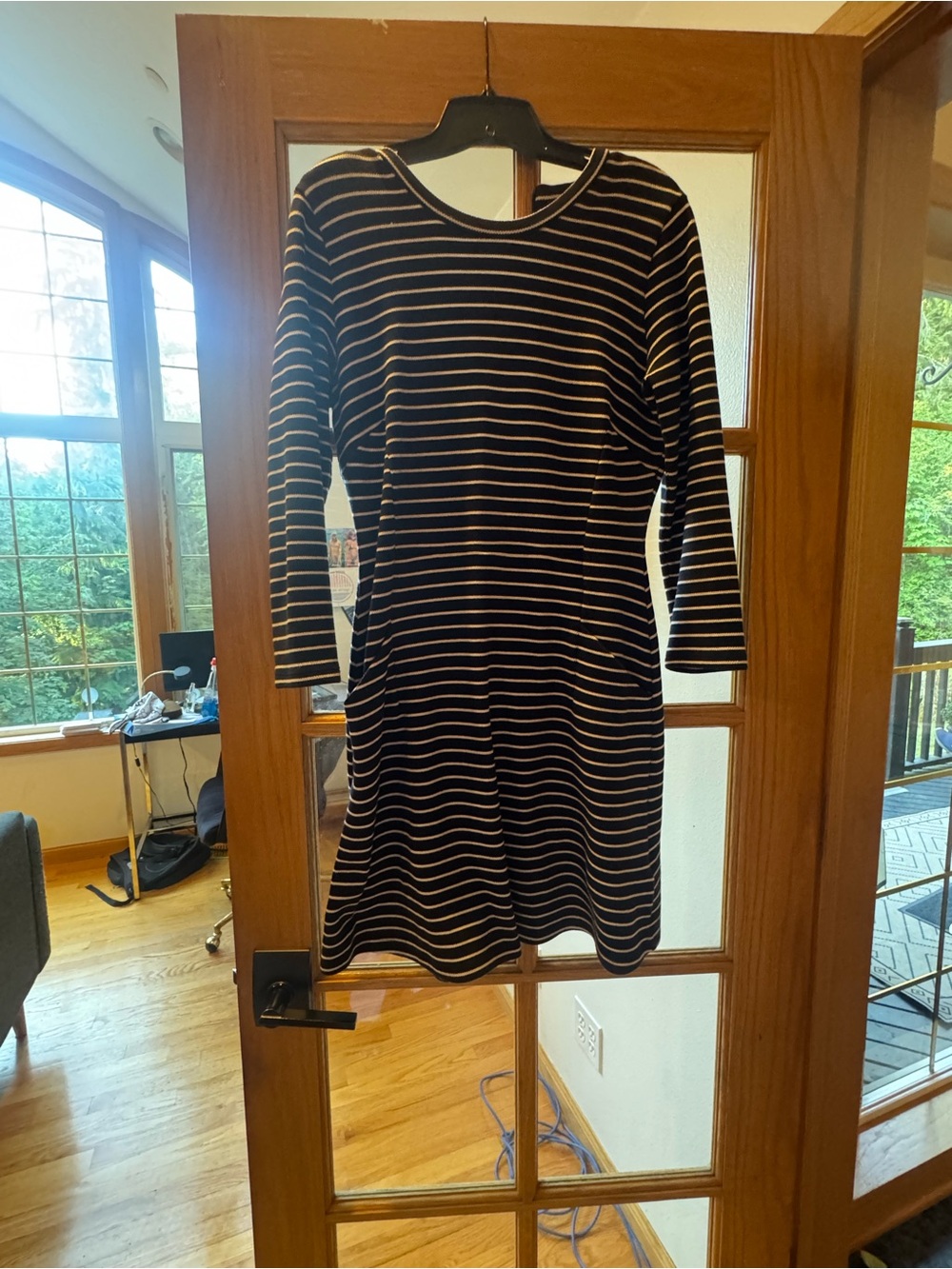 Whistles Navy and White Striped Long Sleeve Midi Dress